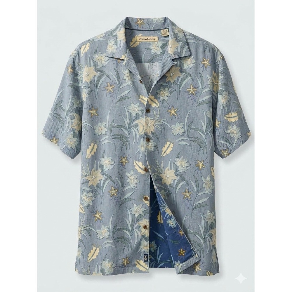 Tommy Bahama Mens Large Blue Tropical Floral Starfish Tencel Cotton Camp Shirt